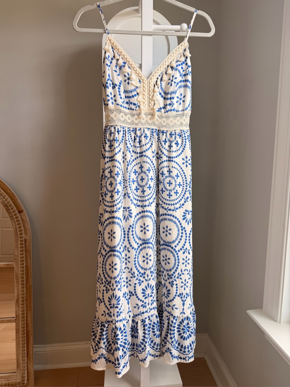 Cupshe Blue and Cream Spaghetti-Strap Maxi Dress with Lace Detail - Picture 1 of 3